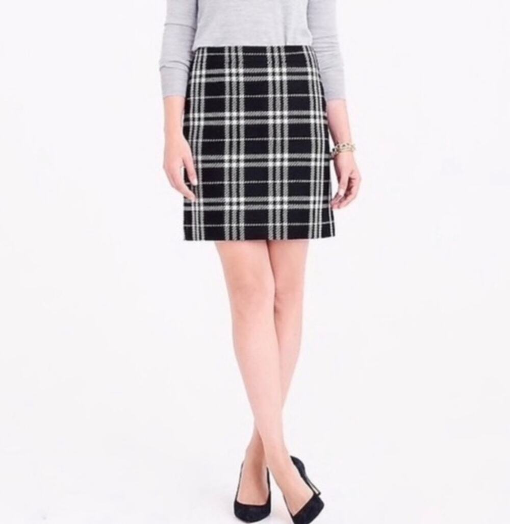 J. Crew Black and White Tweed Plaid Preppy Mini Skirt Size 4